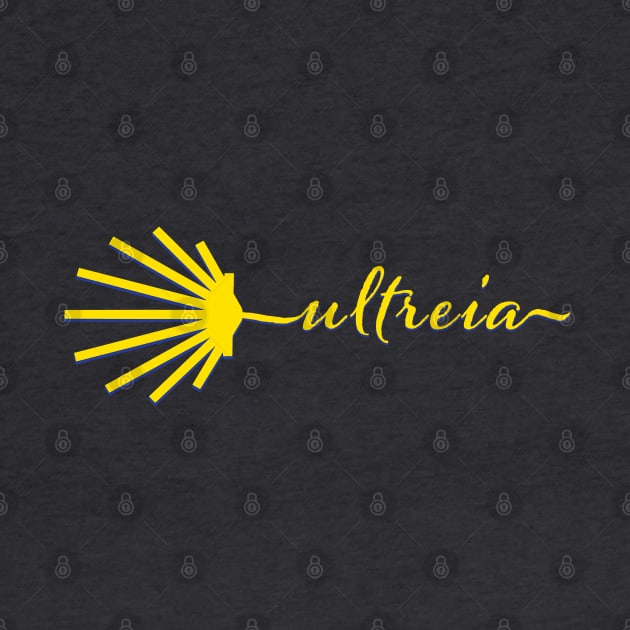 Ultreia Typography Santiago Compostela Yellow Scallop Shell by Brasilia Catholic